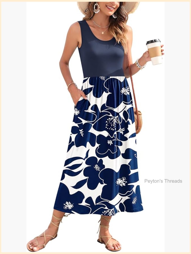 Sleeveless Maxi Dress With Pockets Scoop Neck A-Line Lightweight